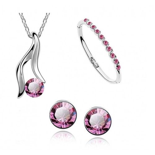 Parure Bijoux Collier Boucles D'oreilles Bracelet Strass Argentée Femme Couleur Rose