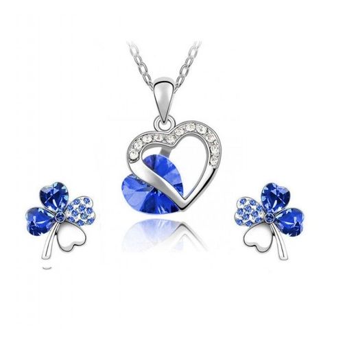 Parure Bijoux Collier Coeur Boucles D'oreilles Trèfle Argentée Femme Couleur Bleu Roi