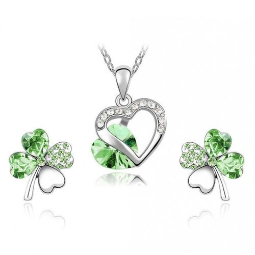 Parure Bijoux Collier Coeur Boucles D'oreilles Trèfle Argentée Femme Couleur Vert
