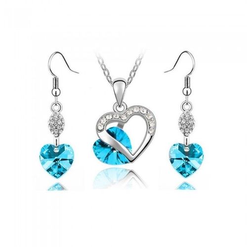 Parure Bijoux Coeur Boucles D'oreilles Pendantes Argentée Femme Couleur Bleu Turquoise