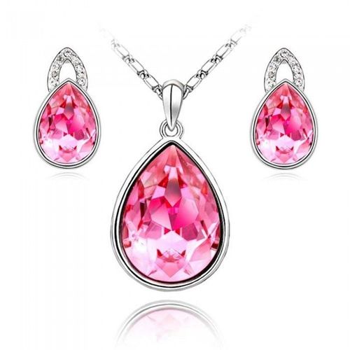 Parure Bijoux Argentée Goutte D'eau Femme Couleur Rose Fushia