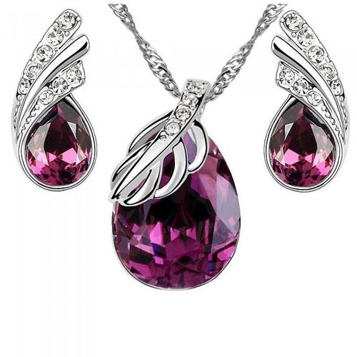 Parure Bijoux Feuille Goutte Argentée Femme Couleur Violet