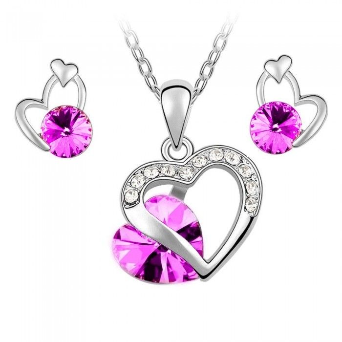 Parure Bijoux Coeur Boucles D'oreilles Coeur Strass Rond Argentée Femme Couleur Rose Fushia