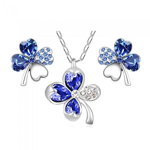 Parure Bijoux Trèfle De Coeurs Et Fleur Argentée Femme Couleur Bleu Roi