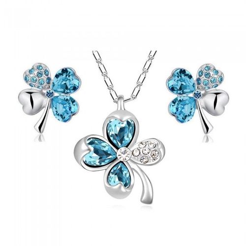 Parure Bijoux Trèfle De Coeurs Et Fleur Argentée Femme Couleur Bleu Turquoise