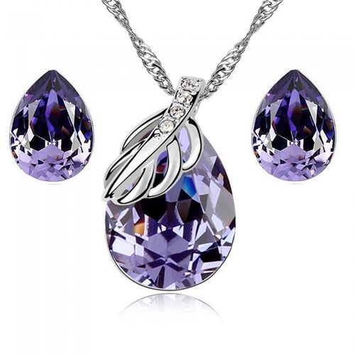 Parure Bijoux Goutte Et Feuille Argentée Femme Couleur Violet