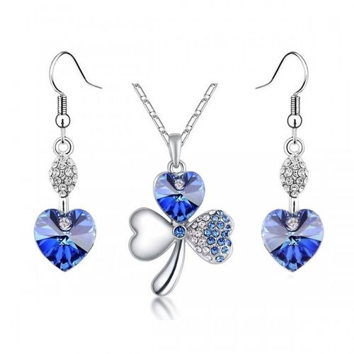 Parure Bijoux Trèfle Et Boucles D'oreilles Coeur Argentée Femme Couleur Bleu Roi