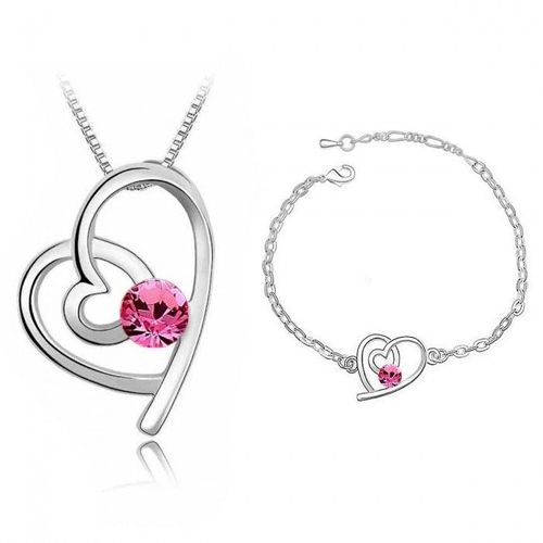 Parure Bijoux Coeur Collier Et Bracelet Argentée Femme Couleur Rose