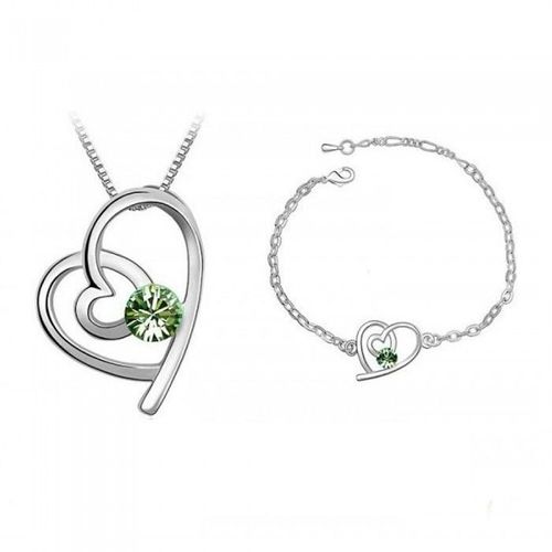 Parure Bijoux Coeur Collier Et Bracelet Argentée Femme Couleur Vert
