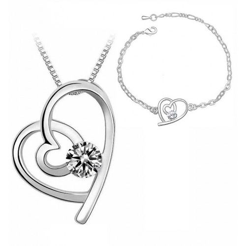 Parure Bijoux Coeur Collier Et Bracelet Argentée Femme Couleur Blanc