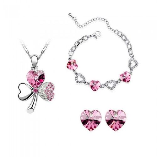 Parure Bijoux Collier Trèfle De Coeurs Boucles D'oreilles Et Bracelet Coeur Argentée Femme Couleur Rose