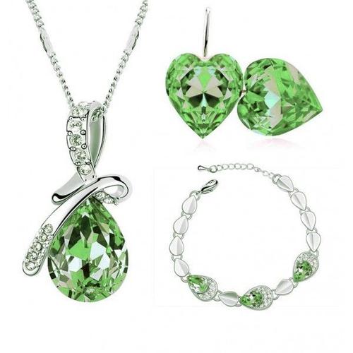 Parure Bijoux Collier Goutte Boucles D'oreilles Coeur Avec Bracelet Argentée Femme Couleur Vert