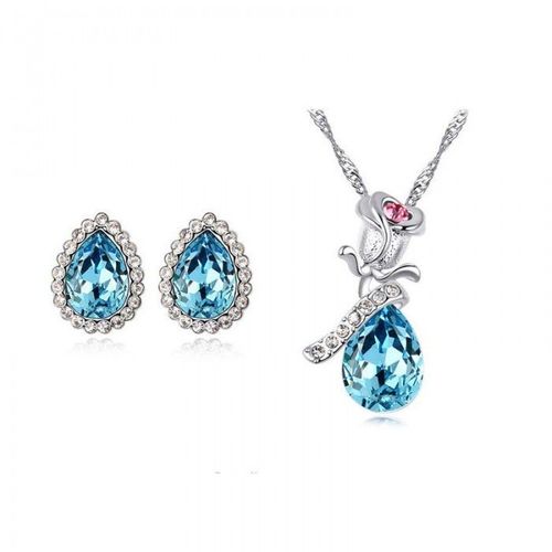 Parure Bijoux Fleur Rose Goutte Argentée Femme Couleur Bleu Turquoise