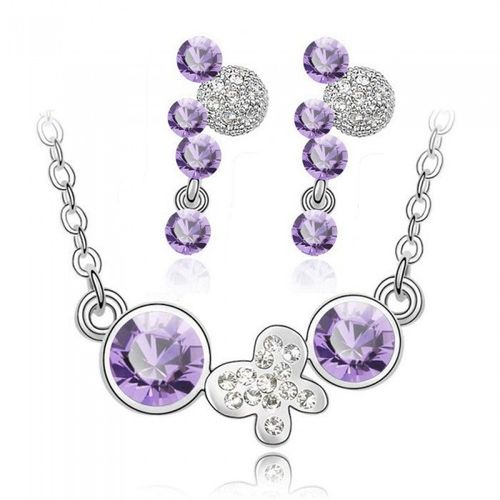 Parure Bijoux Papillon Boucles D'oreilles Pendantes Strass Argentée Femme Couleur Mauve