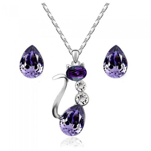 Parure Bijoux Chat Goutte Argentée Femme Couleur Violet