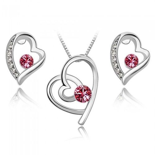 Parure Bijoux Coeur Strass Argentée Femme Couleur Rose