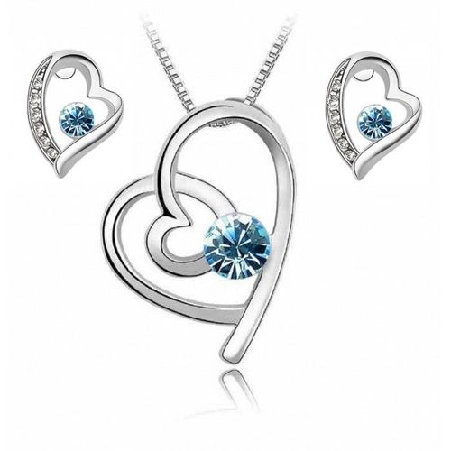 Parure Bijoux Coeur Strass Argentée Femme Couleur Bleu Turquoise