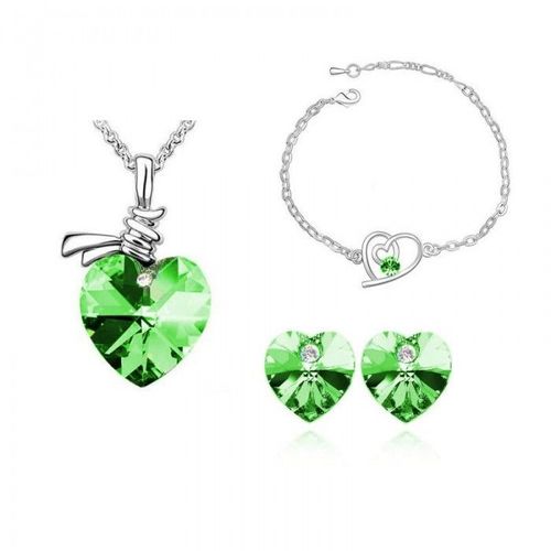 Parure Bijoux Coeur Collier Boucles D'oreilles Et Bracelet Argentée Femme Couleur Vert