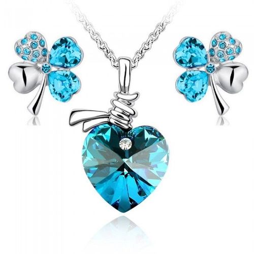 Parure Bijoux Collier Coeur Boucles D'oreilles Trèfle Argentée Femme Couleur Bleu Turquoise