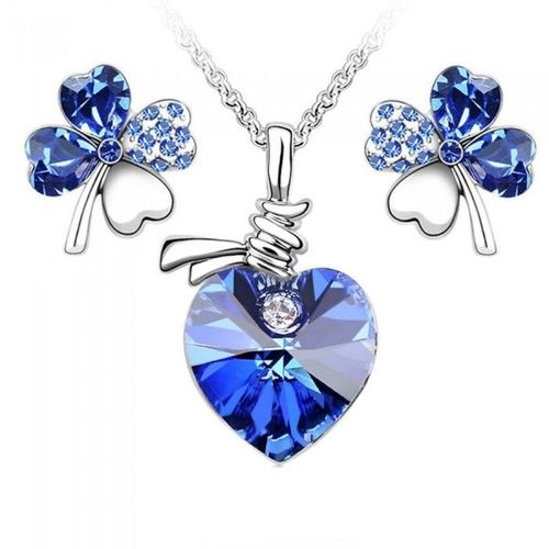 Parure Bijoux Collier Coeur Boucles D'oreilles Trèfle Argentée Femme Couleur Bleu Roi