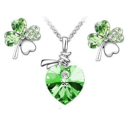 Parure Bijoux Collier Coeur Boucles D'oreilles Trèfle Argentée Femme Couleur Vert