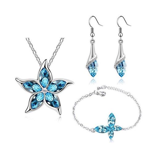 Parure Bijoux Étoile Fleur Collier Boucles D'oreilles Bracelet Argentée Femme Couleur Bleu Turquoise