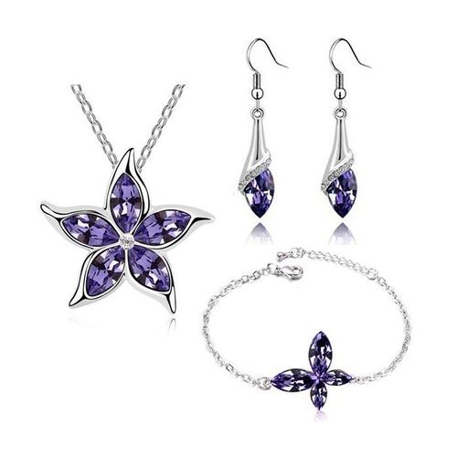 Parure Bijoux Étoile Fleur Collier Boucles D'oreilles Bracelet Argentée Femme Couleur Violet