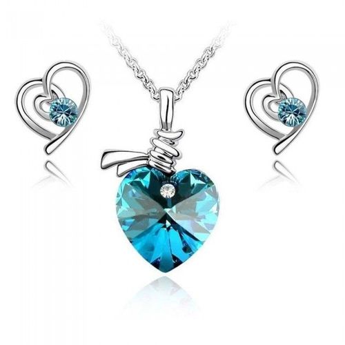 Parure Bijoux Collier Pendentif Coeur Boucles D'oreilles Coeur Argentée Femme Couleur Bleu Turquoise