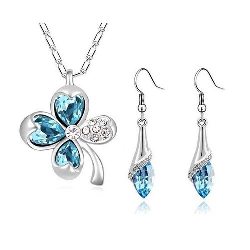 Parure Bijoux Trèfle Goutte Argentée Femme Couleur Bleu Turquoise