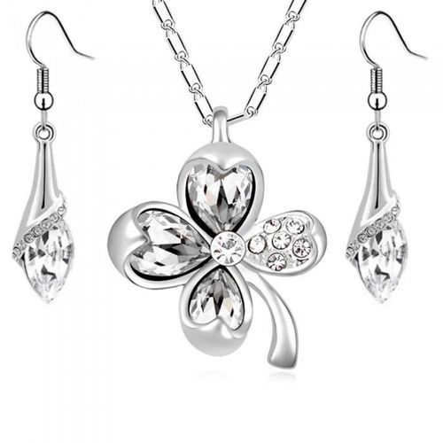 Parure Bijoux Trèfle Goutte Argentée Femme Couleur Blanc