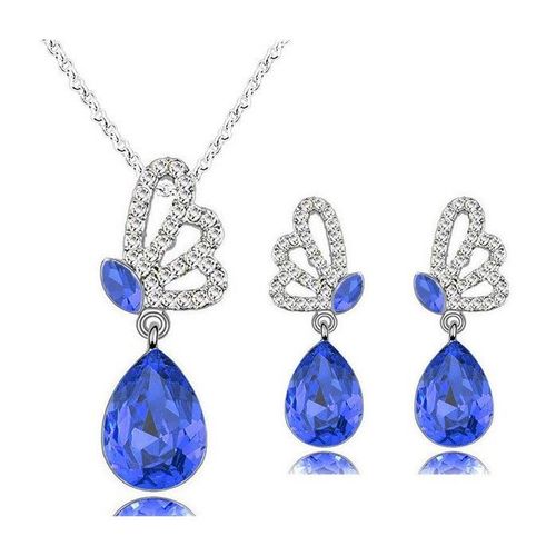 Parure Bijoux Aile De Papillon Goutte Argentée Femme Couleur Bleu Roi