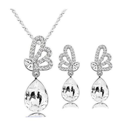 Parure Bijoux Aile De Papillon Goutte Argentée Femme Couleur Blanc