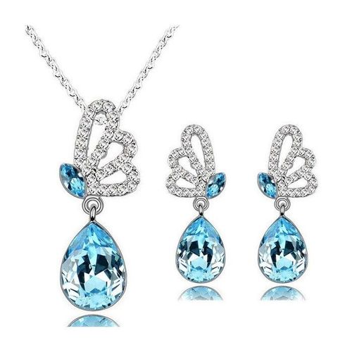 Parure Bijoux Aile De Papillon Goutte Argentée Femme Couleur Bleu Turquoise