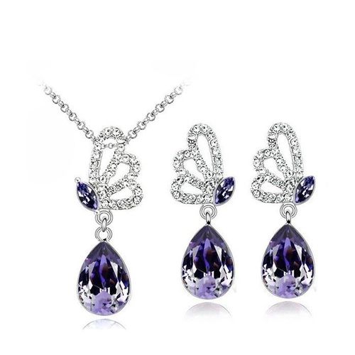 Parure Bijoux Aile De Papillon Goutte Argentée Femme Couleur Violet