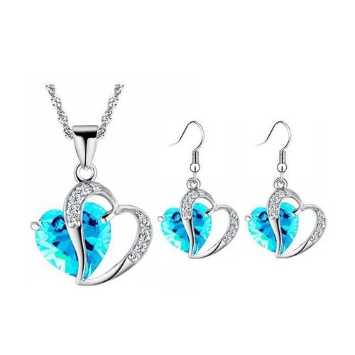 Parure Bijoux 2 Coeurs Oxyde De Zirconium Argentée Femme Couleur Bleu Turquoise