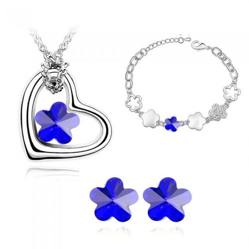 Parure Bijoux Coeur Et Fleur Collier Boucles D'oreilles Bracelet Argentée Femme Couleur Bleu Roi