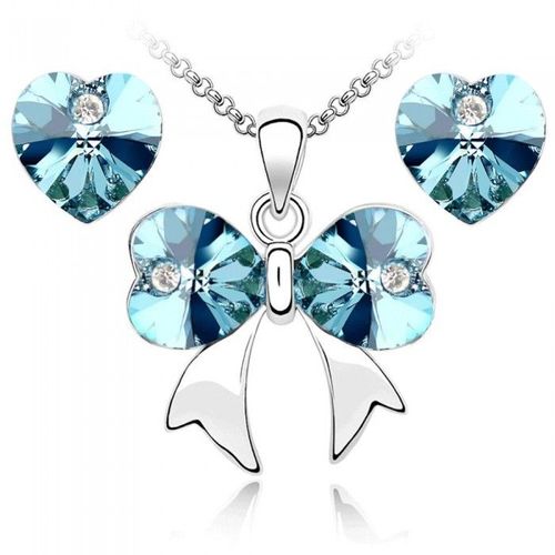 Parure Bijoux Coeur Ruban Noeud Argentée Femme Couleur Bleu Turquoise