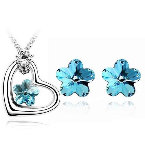 Parure Bijoux Coeur Et Fleur Argentée Femme Couleur Bleu Turquoise
