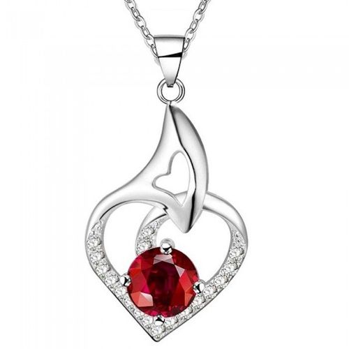 Collier Serti D'oxyde De Zirconium Coeur Argenté Femme Couleur Rouge