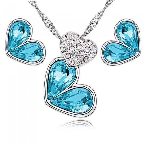Parure Bijoux 2 Coeurs Forme Goutte Argentée Femme Couleur Bleu Turquoise