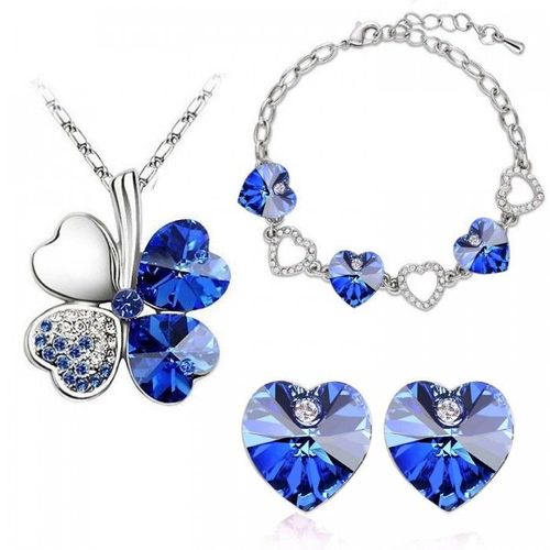 Parure Bijoux Trèfle Et Coeur Cristal Collier Boucles D'oreilles Bracelet Argentée Femme Couleur Bleu Roi