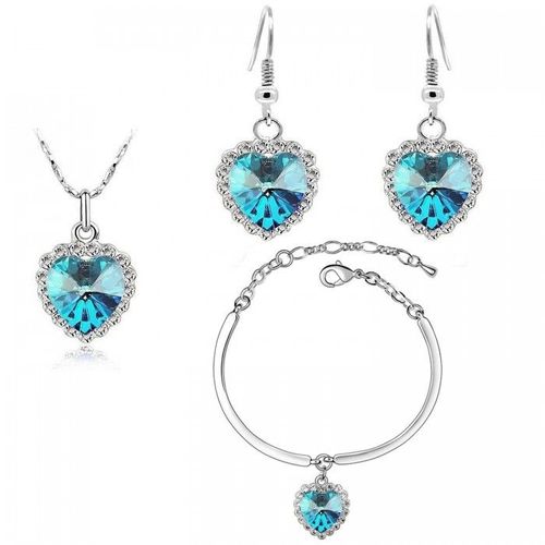 Parure Bijoux Coeur De L'océan Collier Boucles D'oreilles Bracelet Argentée Femme Couleur Bleu Turquoise