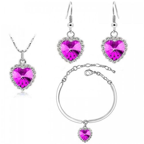 Parure Bijoux Coeur De L'océan Collier Boucles D'oreilles Bracelet Argentée Femme Couleur Rose