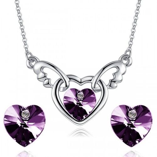 Parure Bijoux Coeur Avec Aile D'ange Argentée Femme Couleur Violet