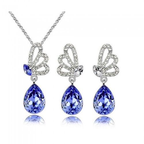Parure Bijoux Aile De Papillon Goutte D'eau Argentée Femme Couleur Bleu Roi