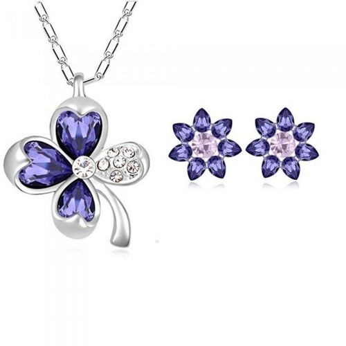 Parure Bijoux Trèfle Et Fleur Argentée Femme Couleur Violet