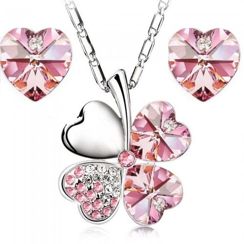 Parure Bijoux Collier Trèfle Et Boucles D'oreilles Coeur Argentée Femme Couleur Rose