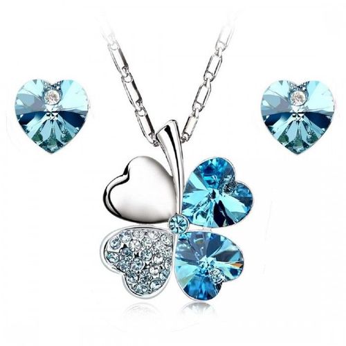 Parure Bijoux Collier Trèfle Et Boucles D'oreilles Coeur Argentée Femme Couleur Bleu Turquoise