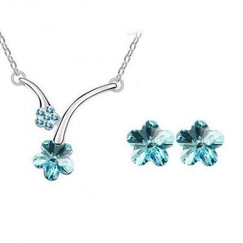 Parure Bijoux Fleur Boucles Puce Argentée Femme Couleur Bleu Turquoise