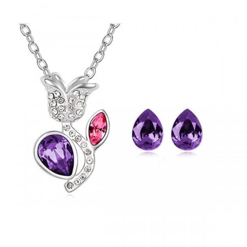 Parure Bijoux Fleur Tige Et Pétale Argentée Femme Couleur Violet
